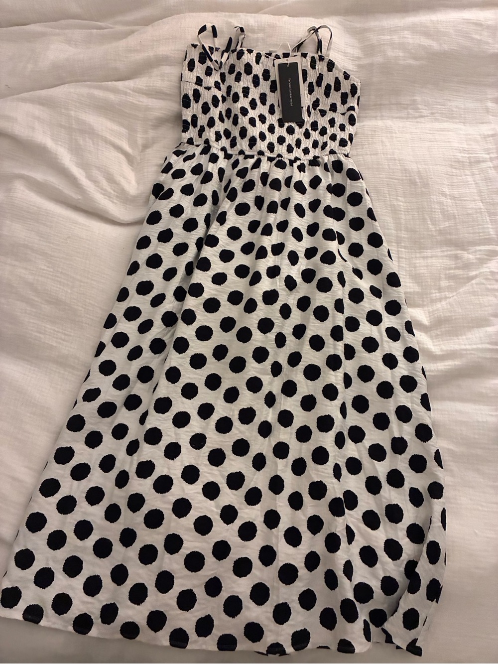 Smocked Polka Dot Maxi Dress in Black and White